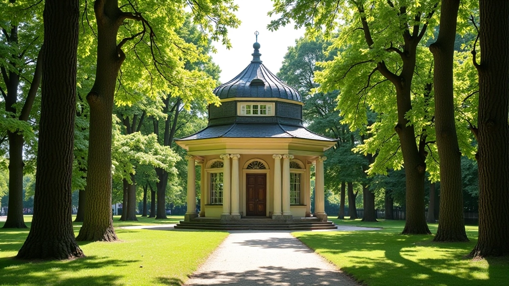Zabytkowa altana w parku zdrojowym otoczona drzewami, architektura XIX wieku